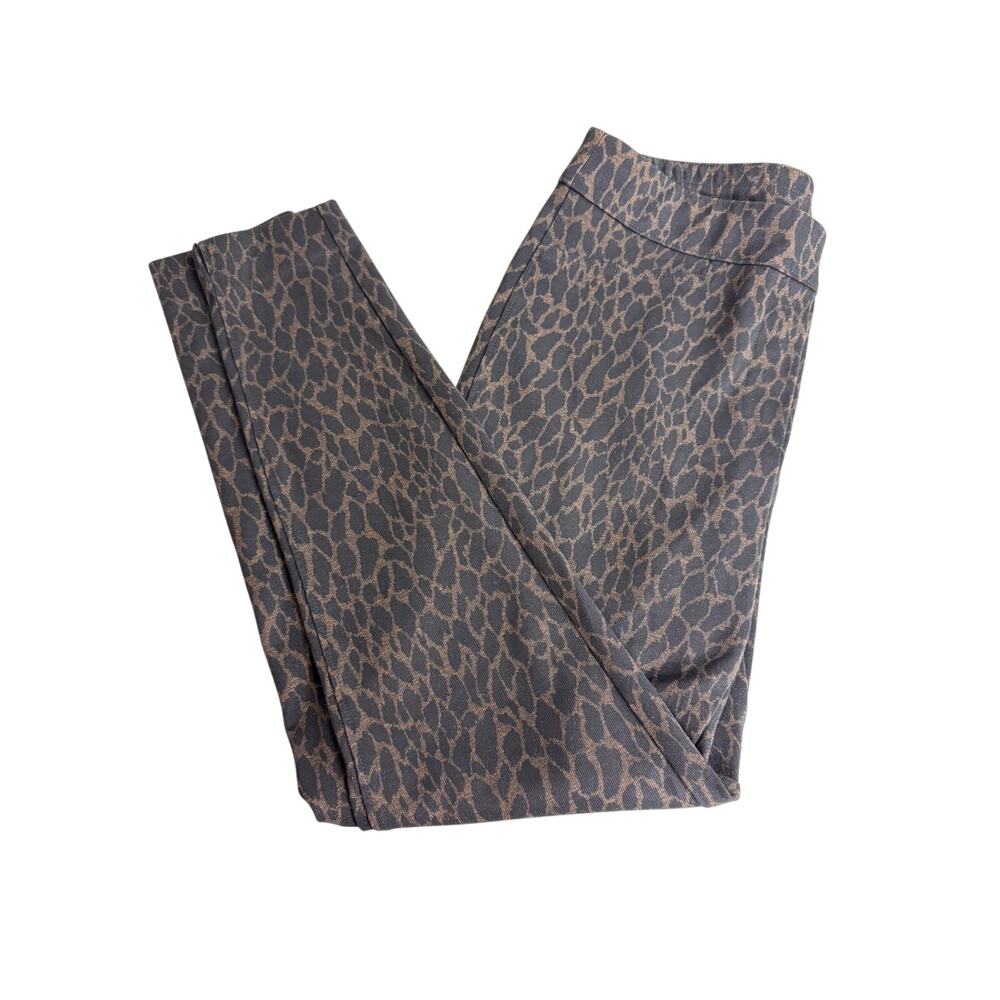 Chico's pull on knit pants brown black animal print ankle flat front  Sz 1 US M